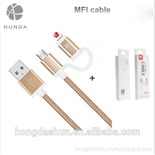 2 in 1 MFI cable 1.2m usb to lighting cable braided quality fast charge cable gold silver pink grey